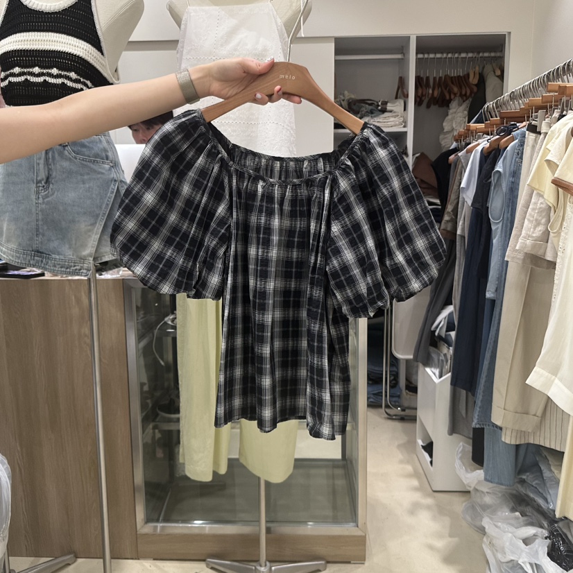 MELO東大門㊣代購女裝新品推薦人氣職業襯衫蕾絲衫泡泡袖格紋MELO襯衫/蕾絲衫圖色2
