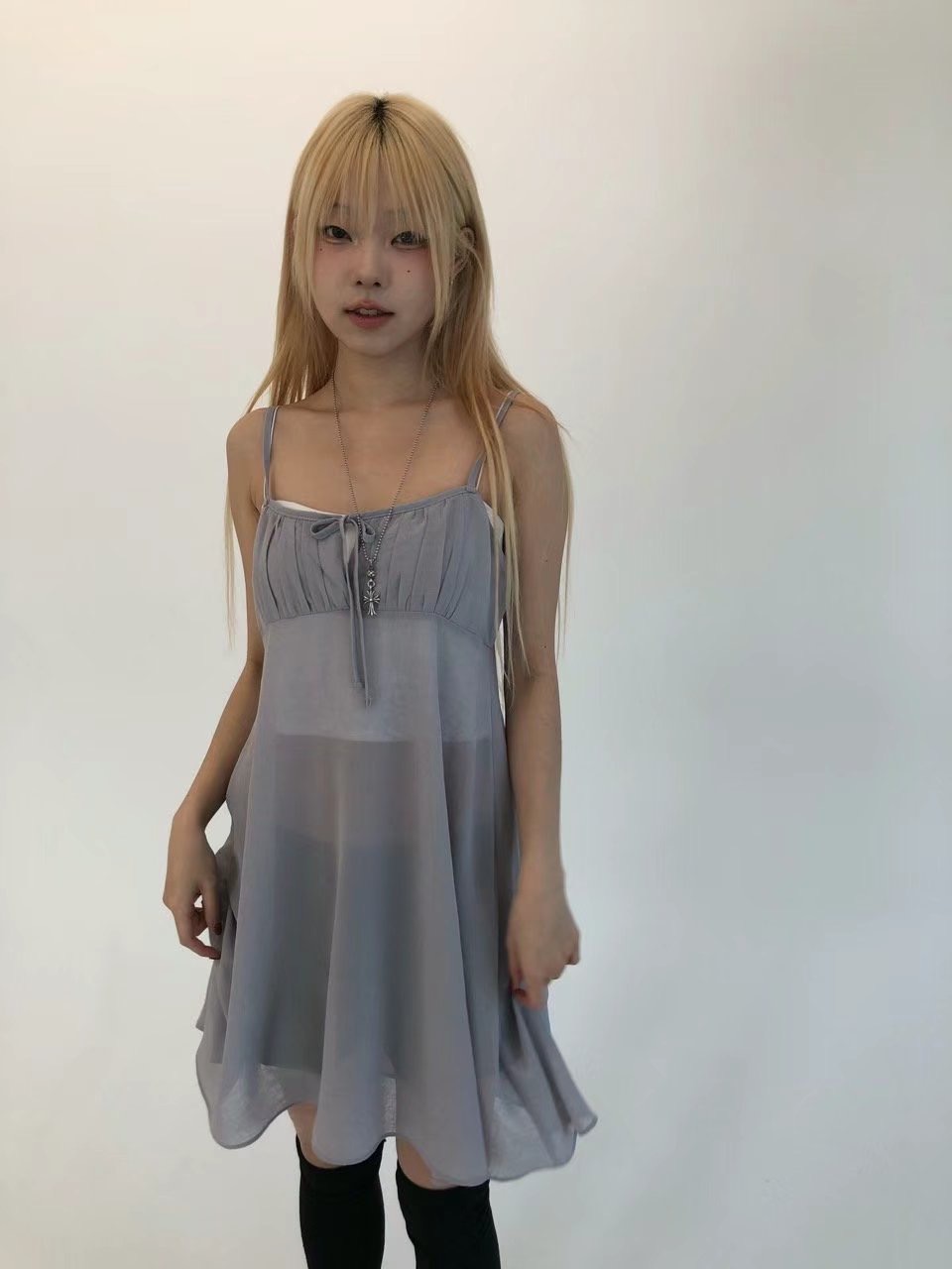 VIVID東大門㊣實拍女士新款人氣真品時尚休閑連衣裙透視雪紡VIVID連衣裙