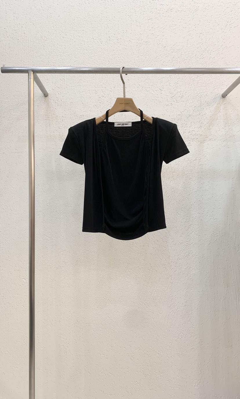 LIGHT AND SALT東大門㊣代購女裝新品25春夏T恤掛脖開衫奶油色假兩件LIGHT AND SALTT恤