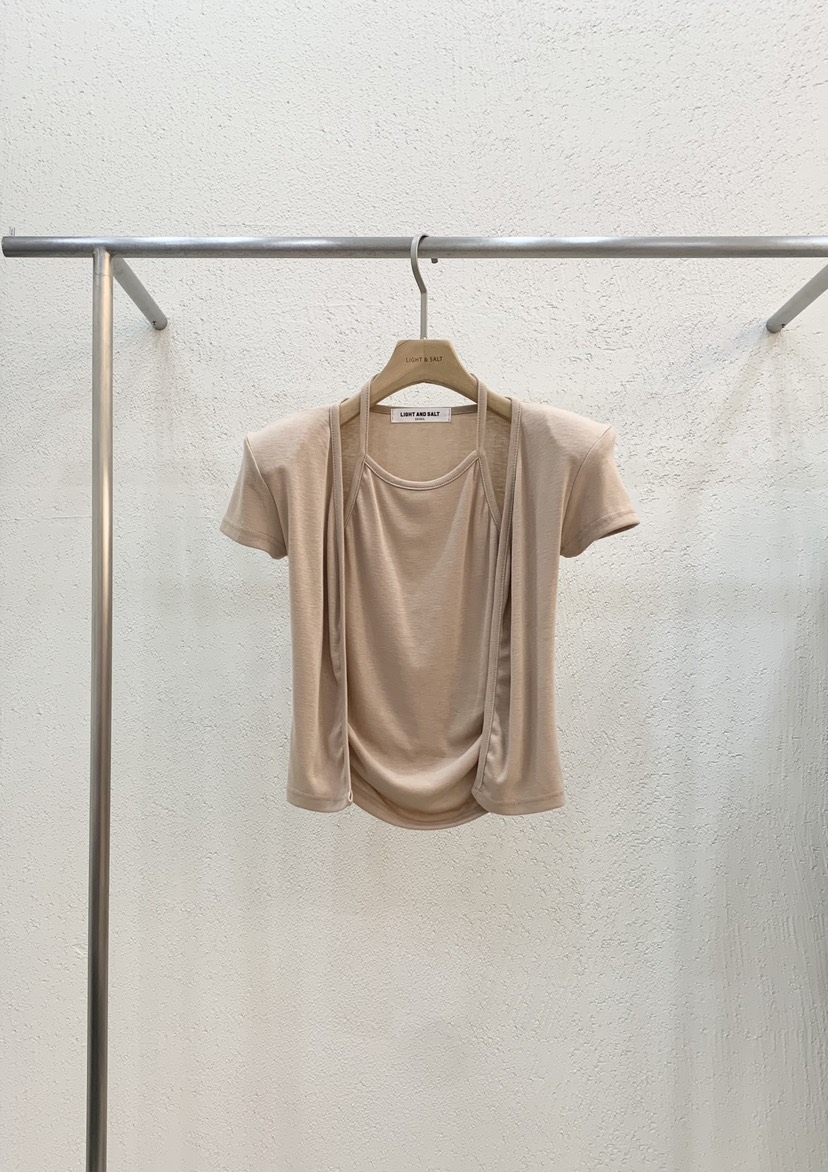 LIGHT AND SALT東大門㊣代購女裝新品25春夏T恤掛脖開衫奶油色假兩件LIGHT AND SALTT恤圖色2