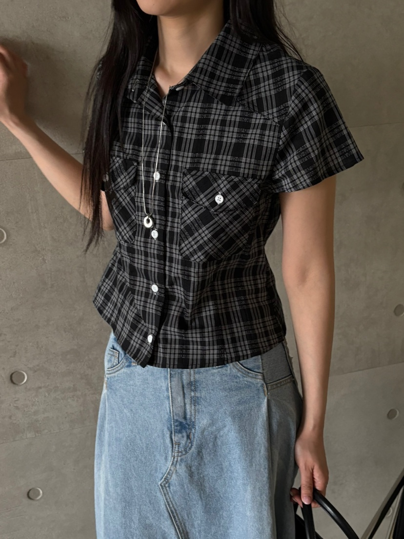 Verbena東大門㊣代購女士新品人氣熱賣25春夏襯衫蕾絲衫工裝格紋Verbena襯衫/蕾絲衫