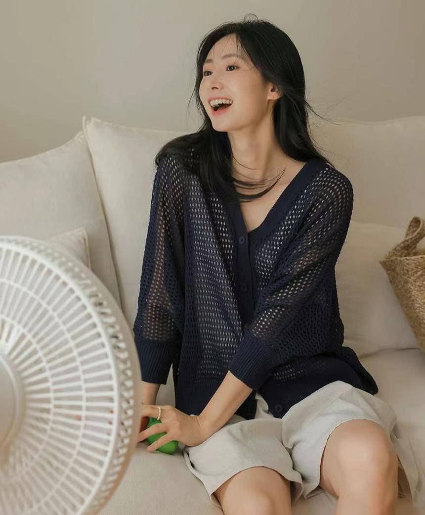 SMILE韓國代購㊣女士新品人氣休閑25春夏時尚針織衫網眼開衫SMILE針織衫