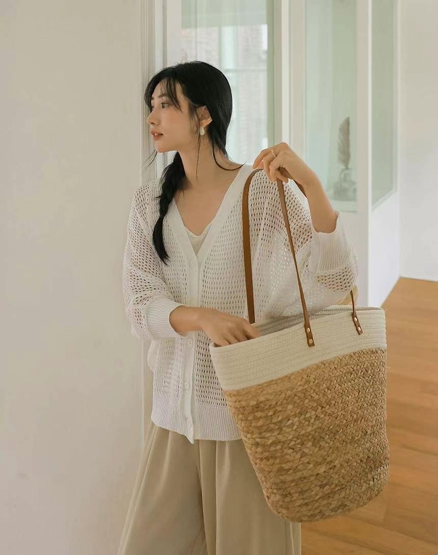 SMILE韓國代購㊣女士新品人氣休閑25春夏時尚針織衫網眼開衫SMILE針織衫