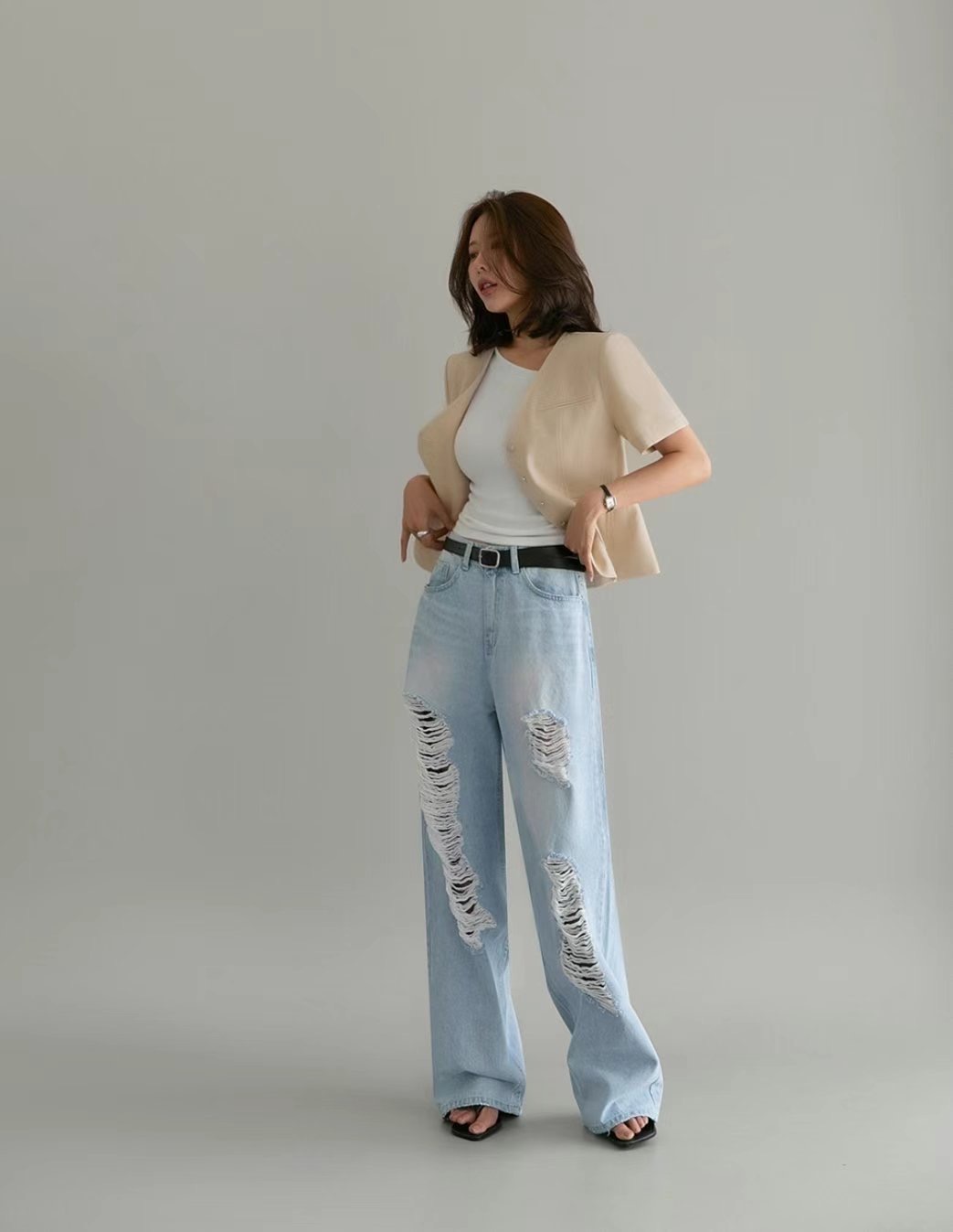 BLOCK韓國代購㊣女裝新款職業人氣時尚推薦熱賣牛仔褲不含腰帶BLOCK牛仔褲