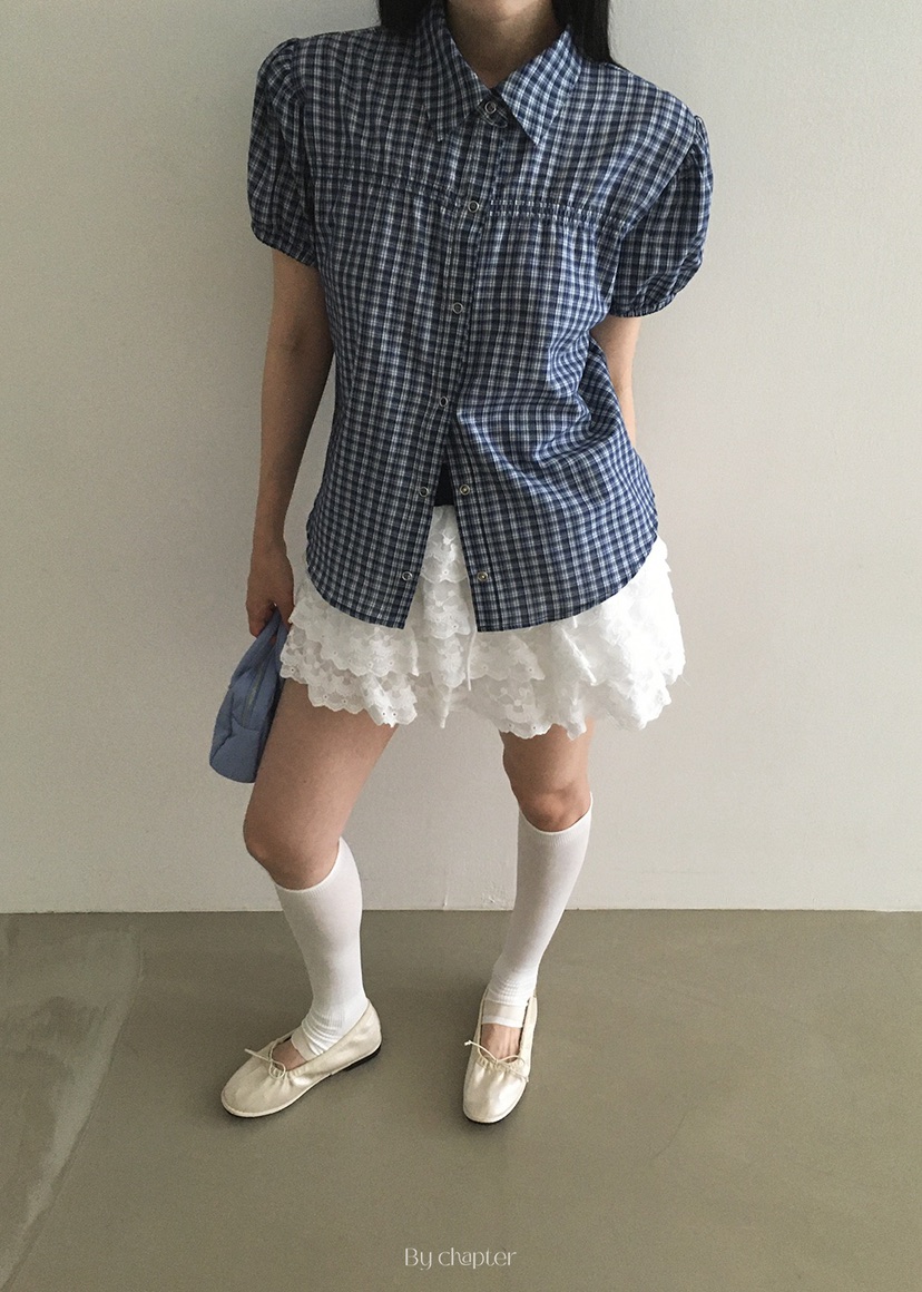 BY CHAPTER韓國代購㊣女裝新品真品25春夏職業襯衫蕾絲衫格紋Chapter襯衫/蕾絲衫