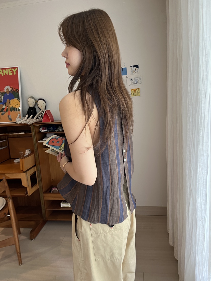 AT NOTE韓國代購㊣女士新款真品人氣休閑吊帶背心亞麻紐扣AT NOTE吊帶/背心