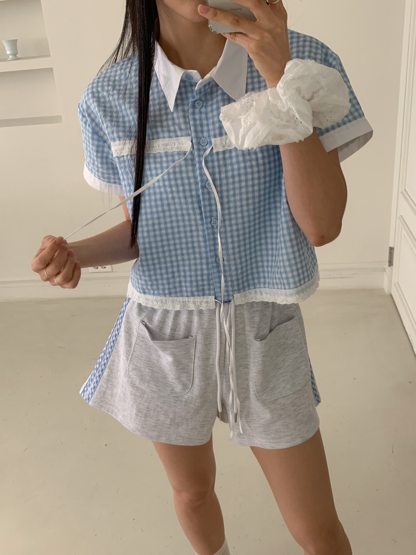 MARKE-P東大門㊣代購女士新款時尚襯衫蕾絲衫格紋短款蕾絲MARKE-P襯衫/蕾絲衫