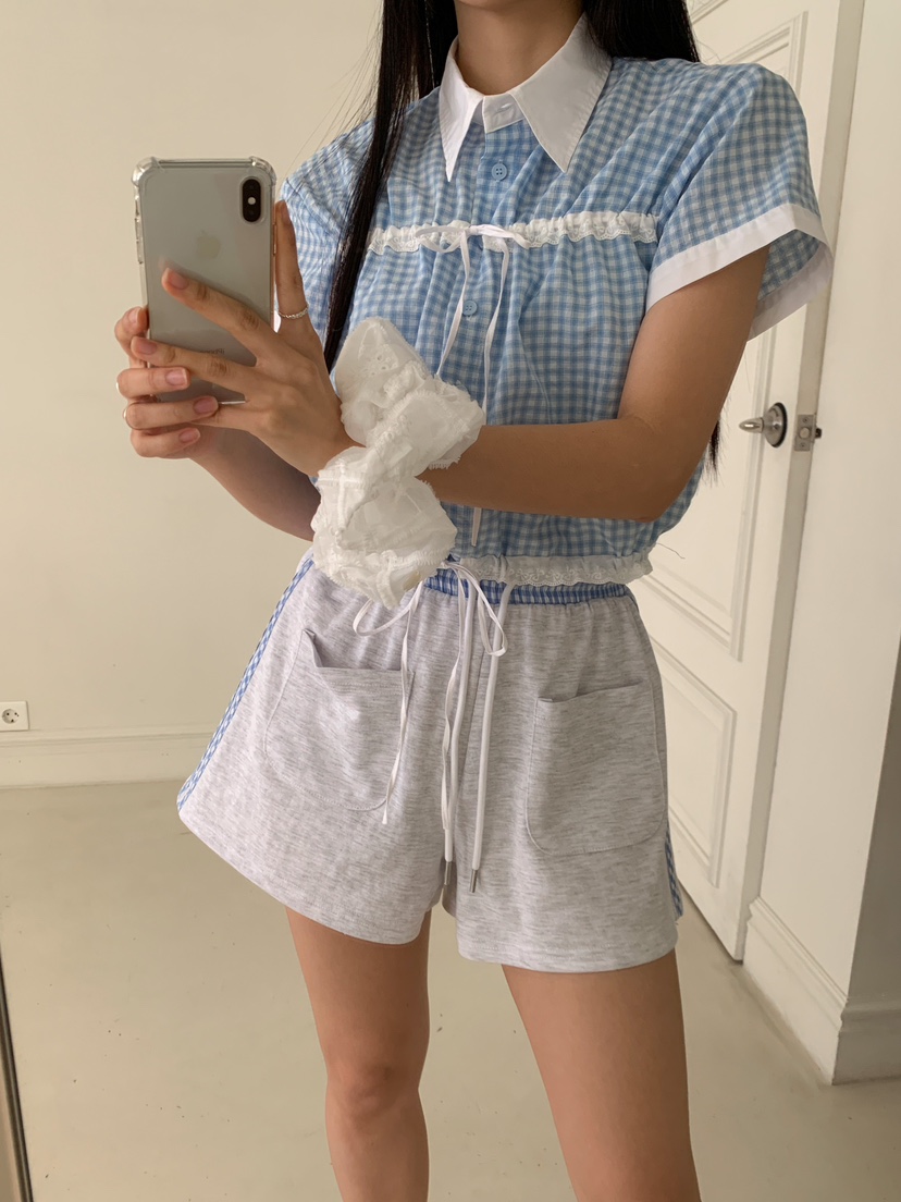 MARKE-P東大門㊣代購女士新款時尚襯衫蕾絲衫格紋短款蕾絲MARKE-P襯衫/蕾絲衫