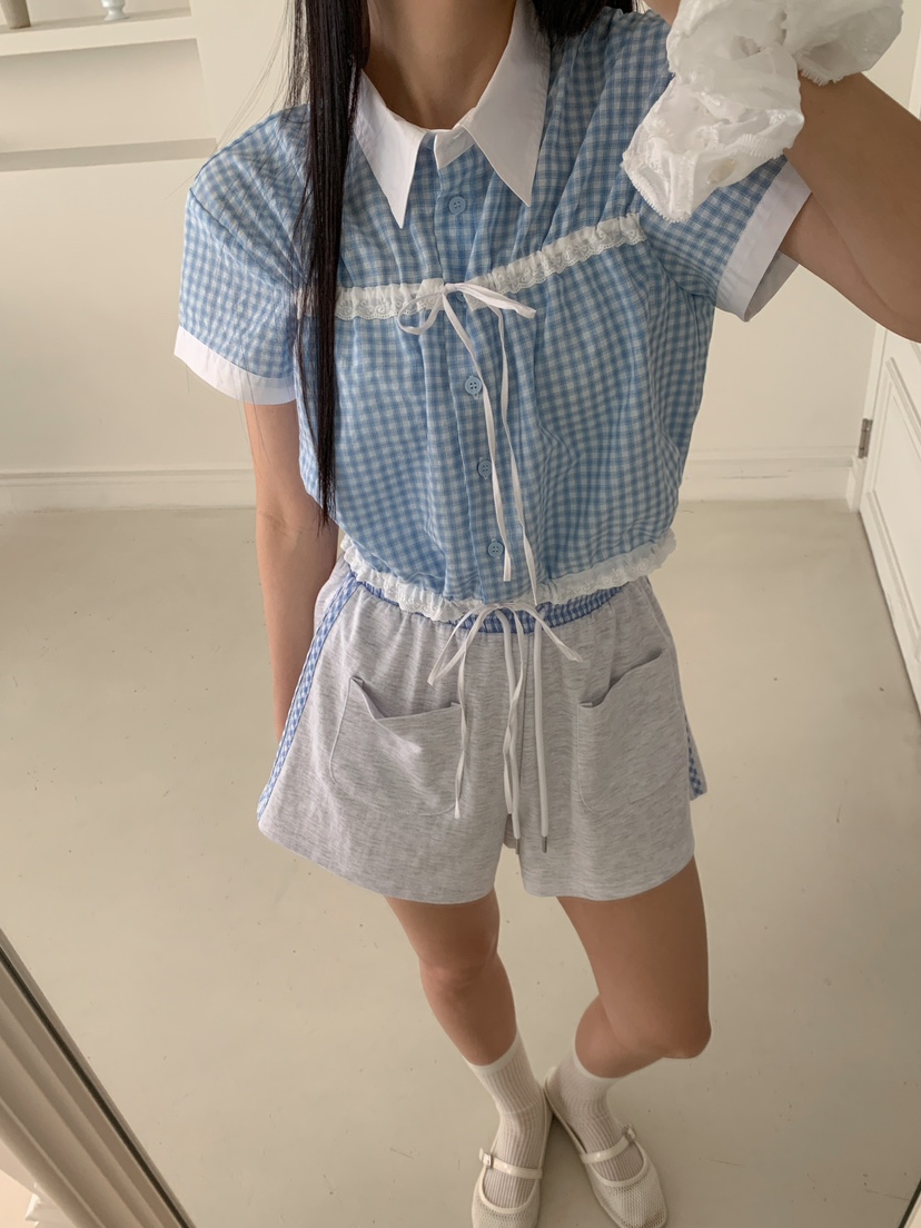 MARKE-P東大門㊣代購女士新款時尚襯衫蕾絲衫格紋短款蕾絲MARKE-P襯衫/蕾絲衫