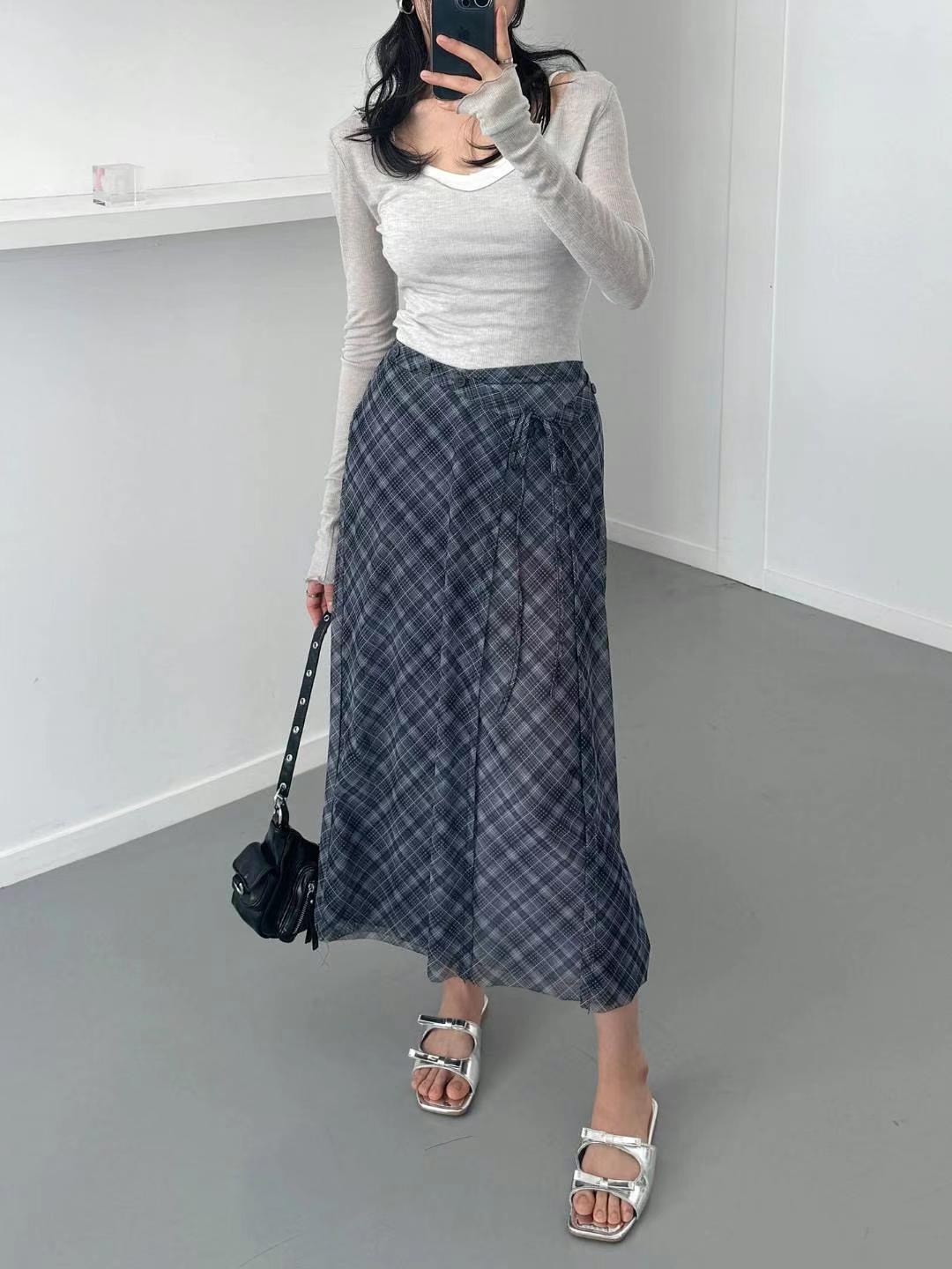 RUNWAY韓國直郵㊣女裝新品推薦25春夏熱賣職業長裙格紋紐扣RUNWAY-OT長裙
