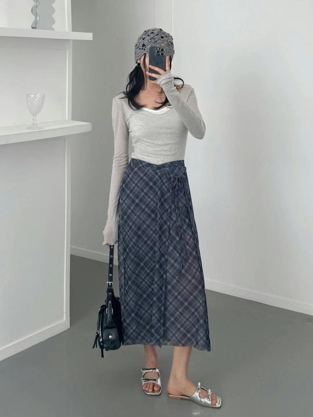RUNWAY韓國直郵㊣女裝新品推薦25春夏熱賣職業長裙格紋紐扣RUNWAY-OT長裙圖色2