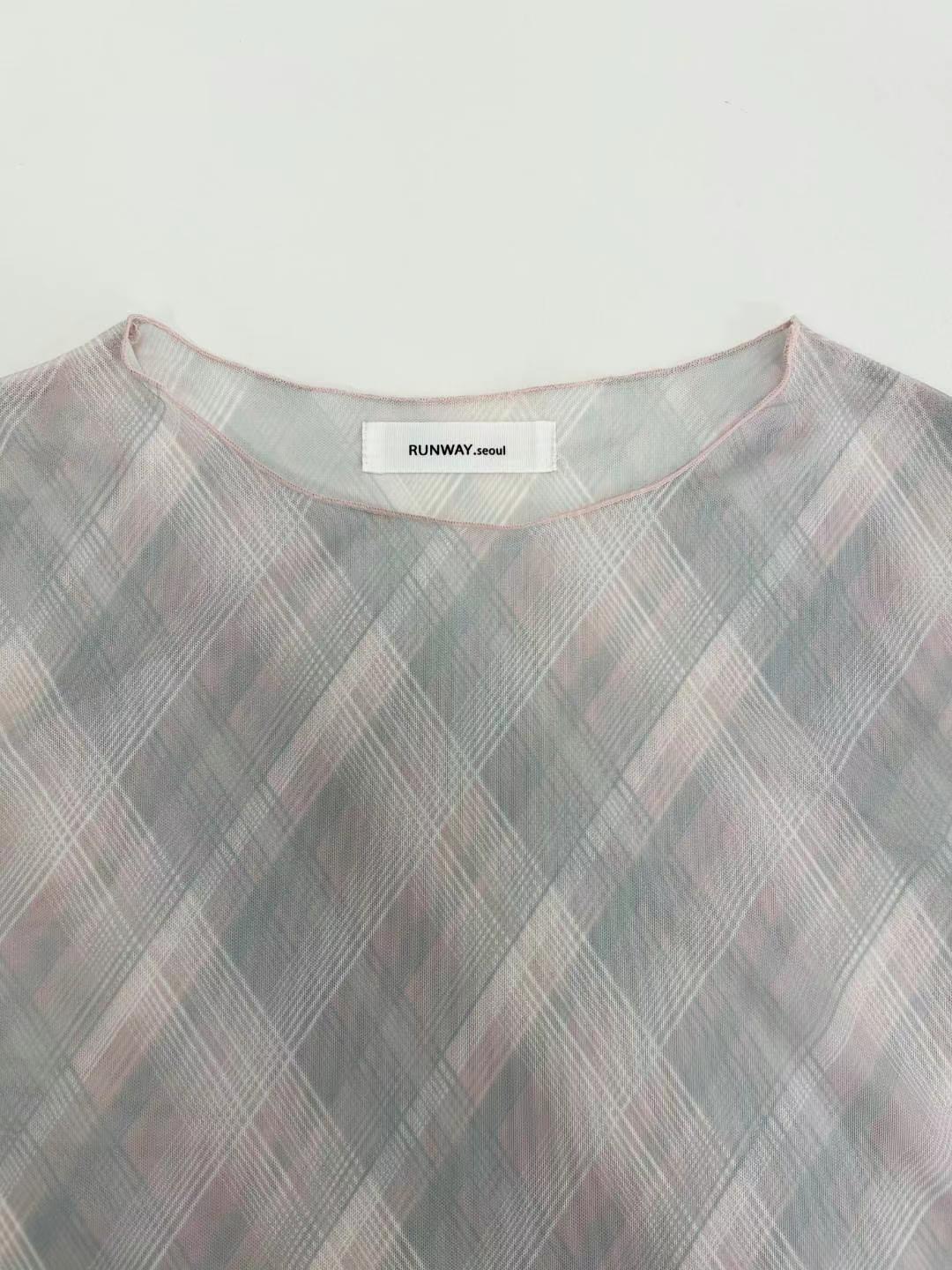 RUNWAY東大門㊣代購女裝新品職業人氣真品長袖T恤網眼格紋透明RUNWAY-OT長袖T恤
