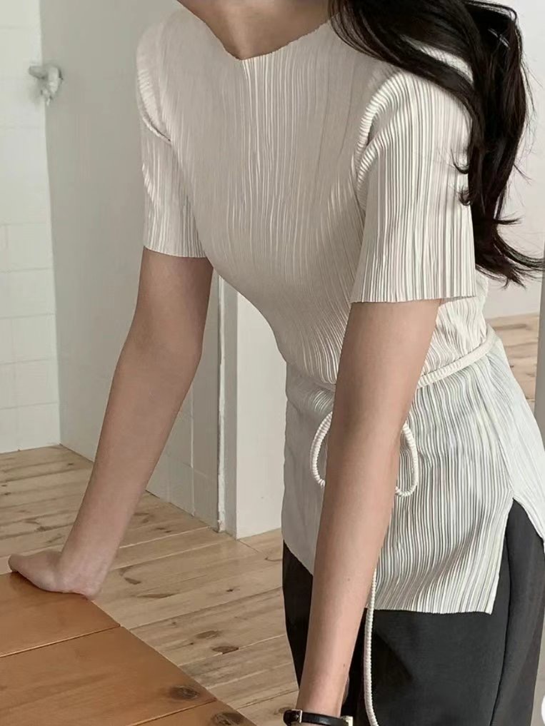 HERME韓國代購㊣女裝新品時尚真品休閑襯衫蕾絲衫含腰繩褶皺HERME襯衫/蕾絲衫