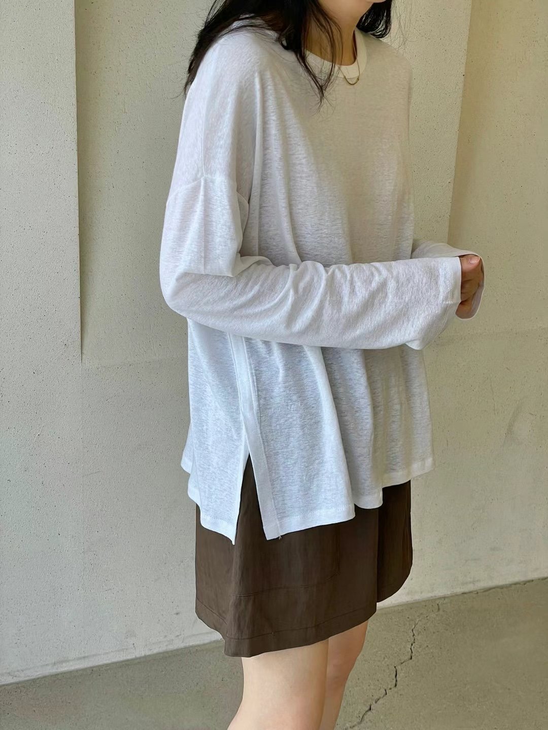1mm東大門㊣實拍女士新品25春夏職業推薦休閑時尚長袖T恤亞麻1mm長袖T恤