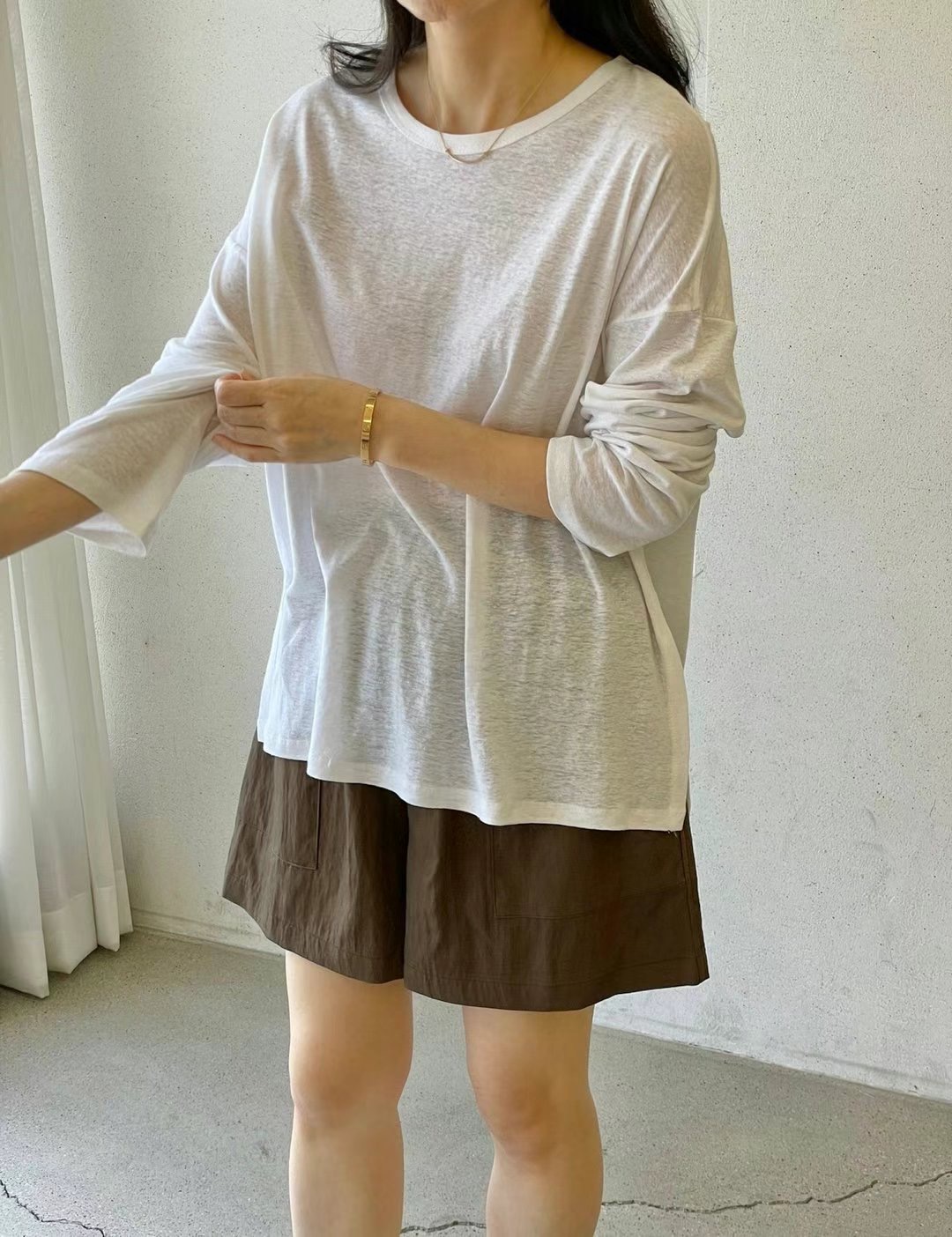 1mm東大門㊣實拍女士新品25春夏職業推薦休閑時尚長袖T恤亞麻1mm長袖T恤