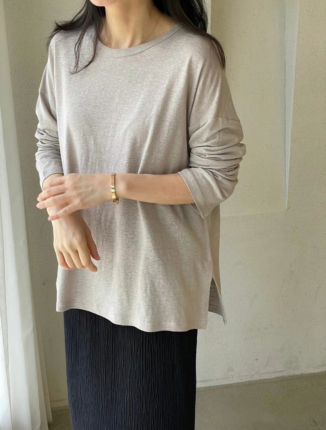 1mm東大門㊣實拍女士新品25春夏職業推薦休閑時尚長袖T恤亞麻1mm長袖T恤圖色2