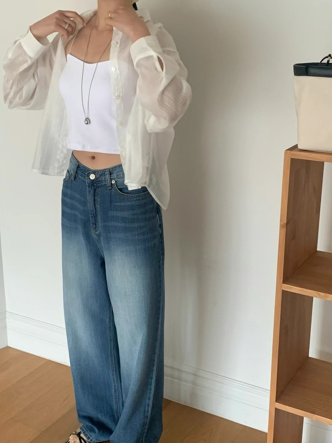 FLAT WHITE東大門㊣代購女士新款時尚熱賣職業牛仔褲不含腰帶FLAT WHITE牛仔褲