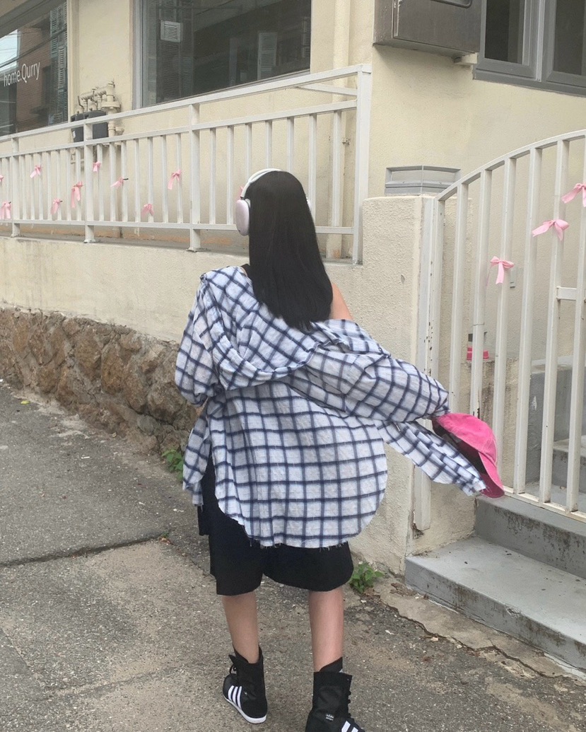REVE CITE-L東大門㊣直郵女士新款休閑襯衫蕾絲衫格紋連帽REVE CITE襯衫/蕾絲衫