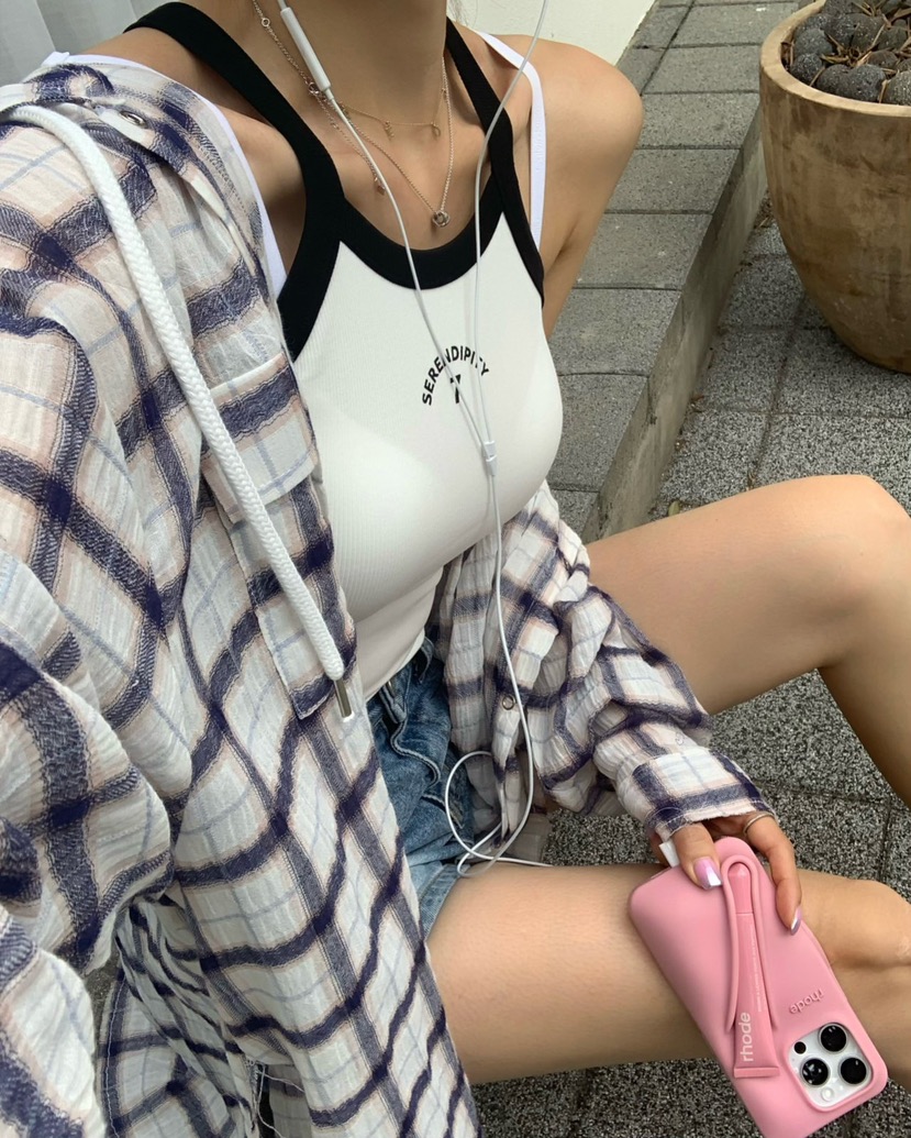 REVE CITE-L東大門㊣直郵女士新款休閑襯衫蕾絲衫格紋連帽REVE CITE襯衫/蕾絲衫