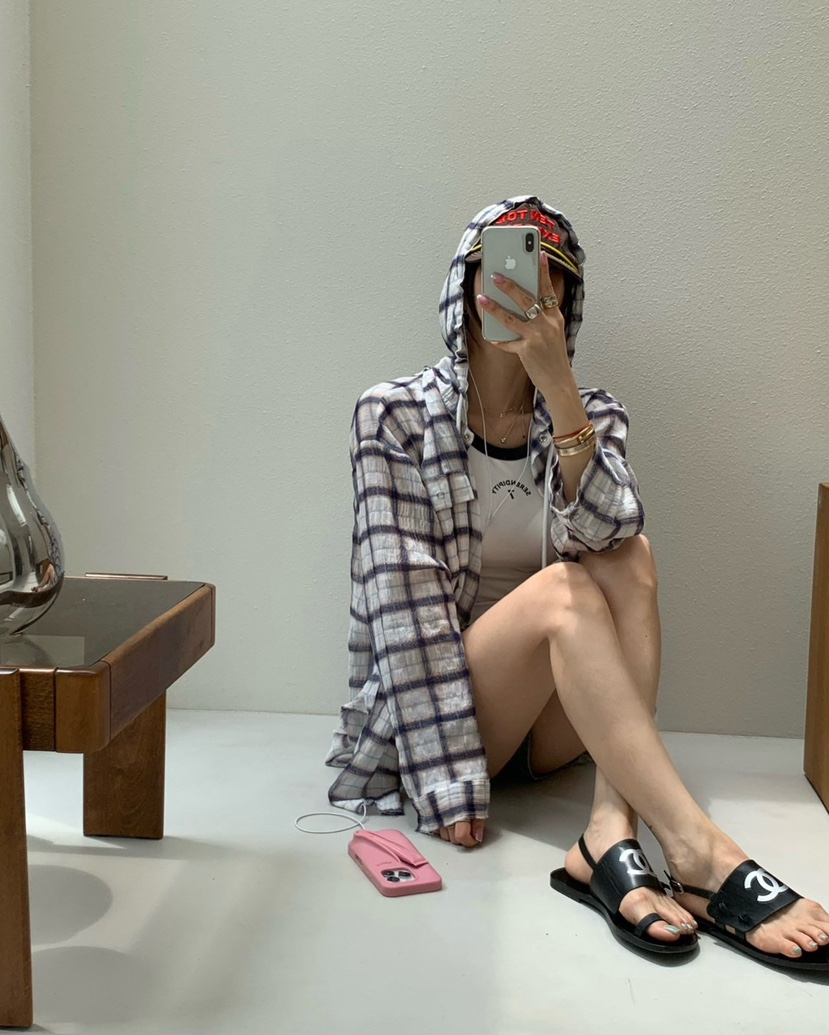 REVE CITE-L東大門㊣直郵女士新款休閑襯衫蕾絲衫格紋連帽REVE CITE襯衫/蕾絲衫