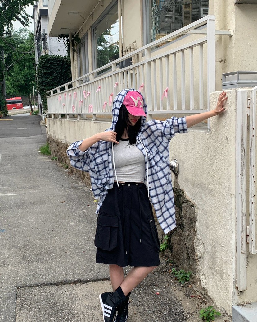 REVE CITE-L東大門㊣直郵女士新款休閑襯衫蕾絲衫格紋連帽REVE CITE襯衫/蕾絲衫