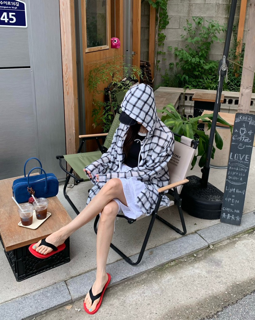 REVE CITE-L東大門㊣直郵女士新款休閑襯衫蕾絲衫格紋連帽REVE CITE襯衫/蕾絲衫圖色2
