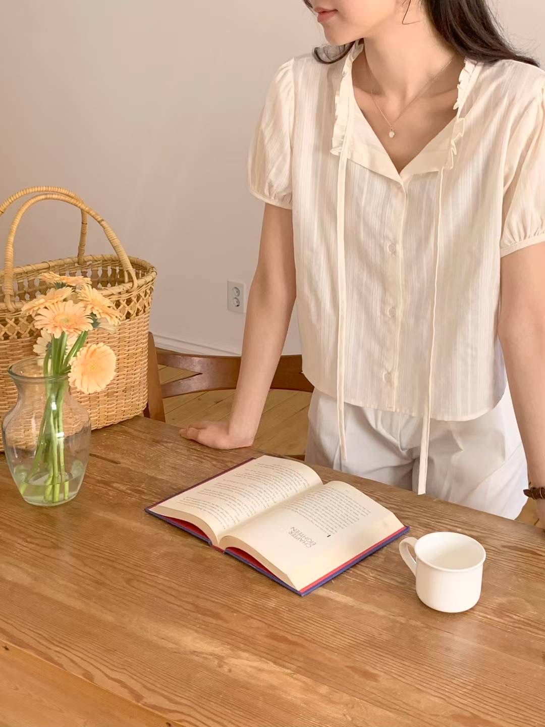 AND韓國直郵㊣女士新款推薦時尚真品25春夏襯衫蕾絲衫荷葉邊AND襯衫/蕾絲衫