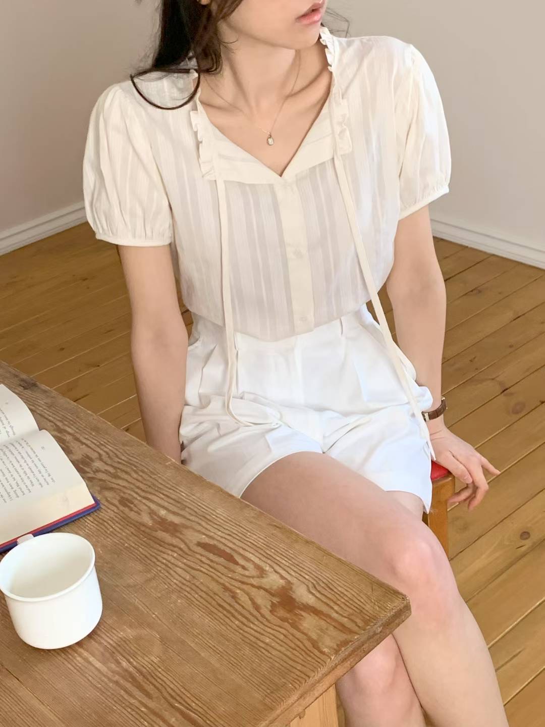 AND韓國直郵㊣女士新款推薦時尚真品25春夏襯衫蕾絲衫荷葉邊AND襯衫/蕾絲衫