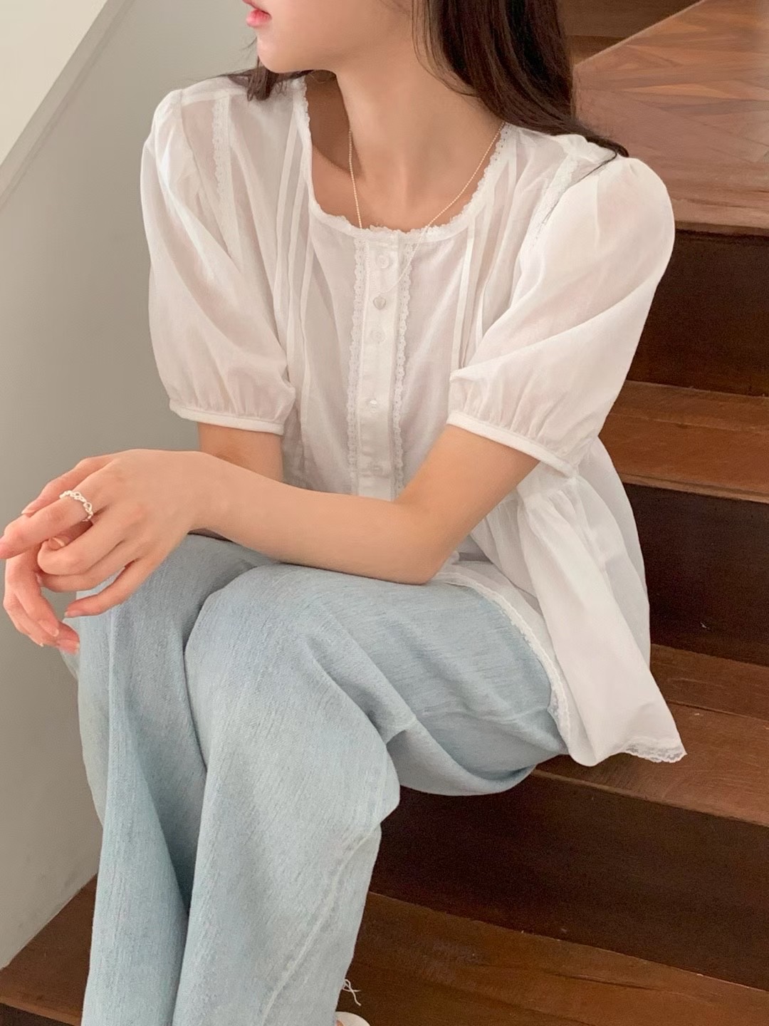 AND韓國代購㊣女士新款25春夏時尚真品人氣職業推薦襯衫蕾絲衫AND襯衫/蕾絲衫