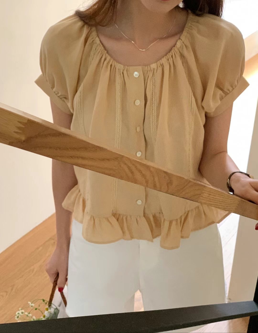 TONEOF/ARRICCHISI東大門㊣實拍女裝新款推薦襯衫蕾絲衫褶皺亞麻OHEN襯衫/蕾絲衫