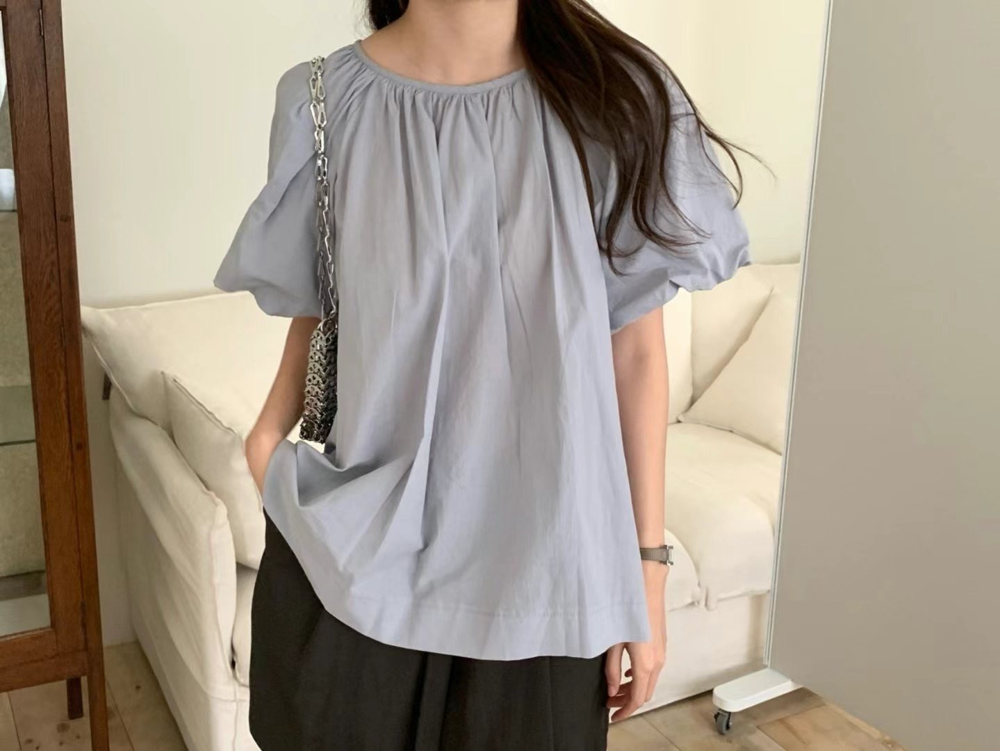 POMELO東大門㊣直郵女裝新款熱賣推薦真品襯衫蕾絲衫泡泡袖POMELO襯衫/蕾絲衫圖色4