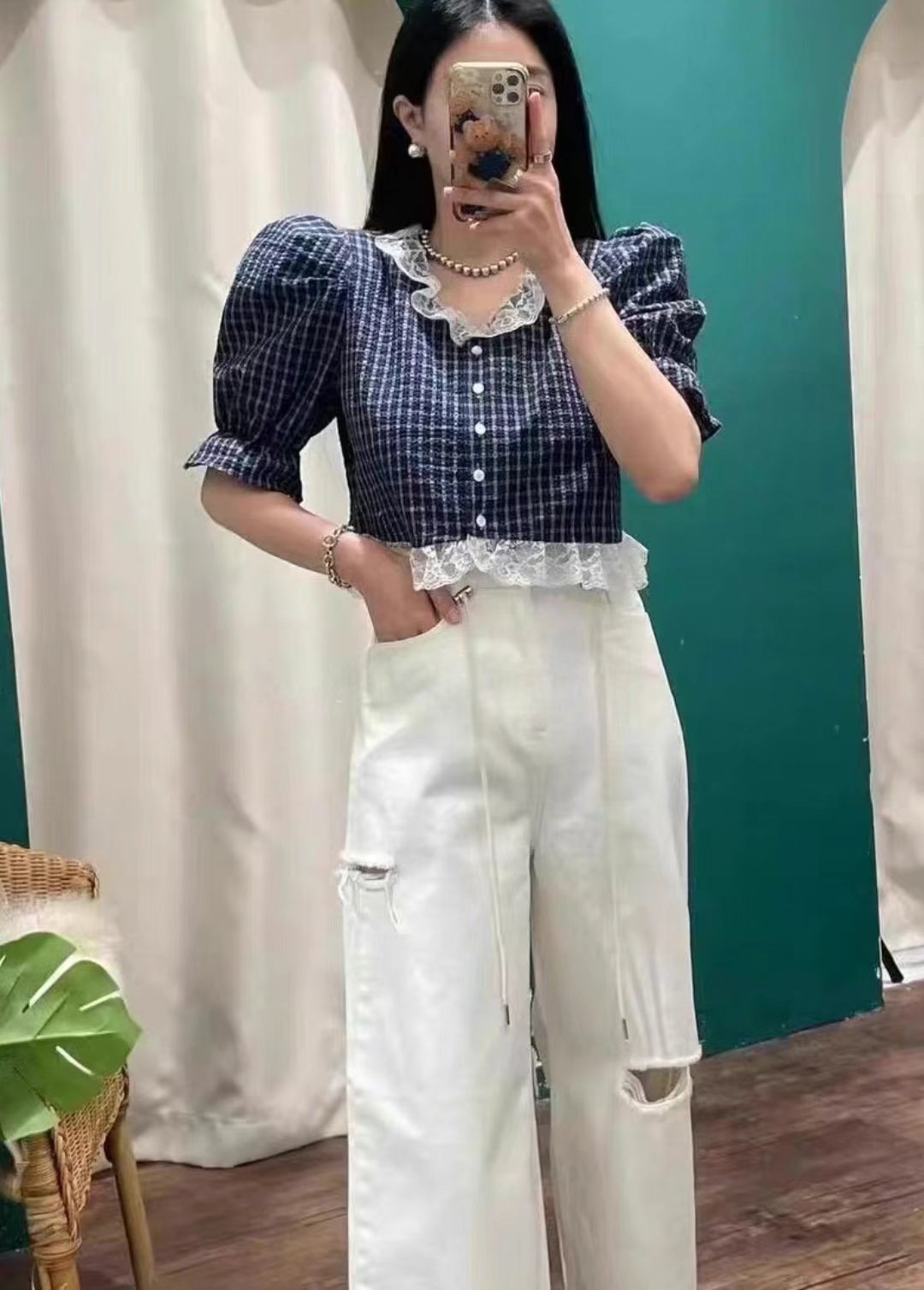 THE COCO韓國直郵㊣女裝新品時尚熱賣襯衫蕾絲衫泡泡袖格紋THE COCO襯衫/蕾絲衫