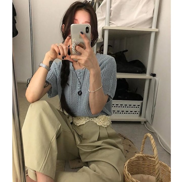 STAY HERE韓國直郵㊣女士新品休閑熱賣職業真品針織衫荷葉邊STAY HERE針織衫