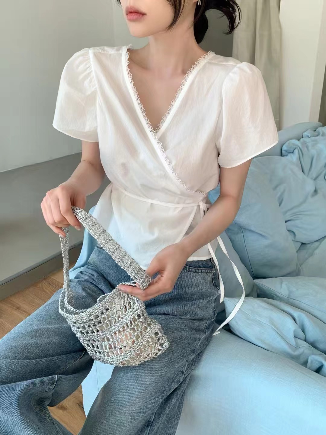 OUIR東大門㊣實拍女士新品25春夏真品襯衫蕾絲衫含腰繩雙面OUIR襯衫/蕾絲衫