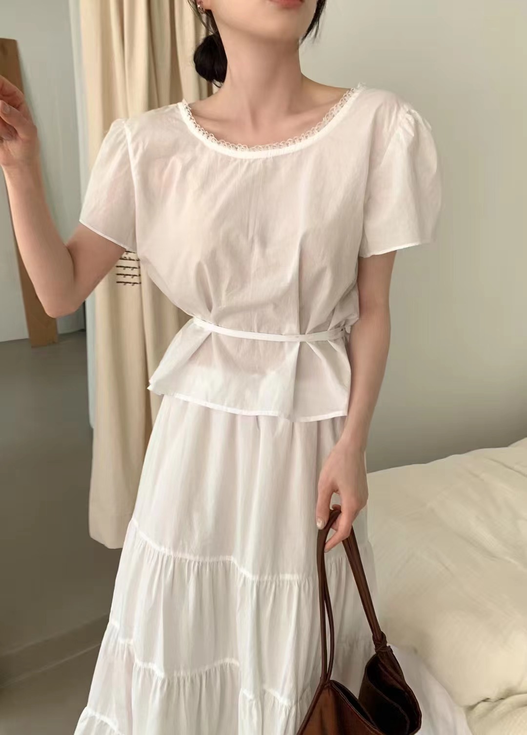 OUIR東大門㊣實拍女士新品25春夏真品襯衫蕾絲衫含腰繩雙面OUIR襯衫/蕾絲衫