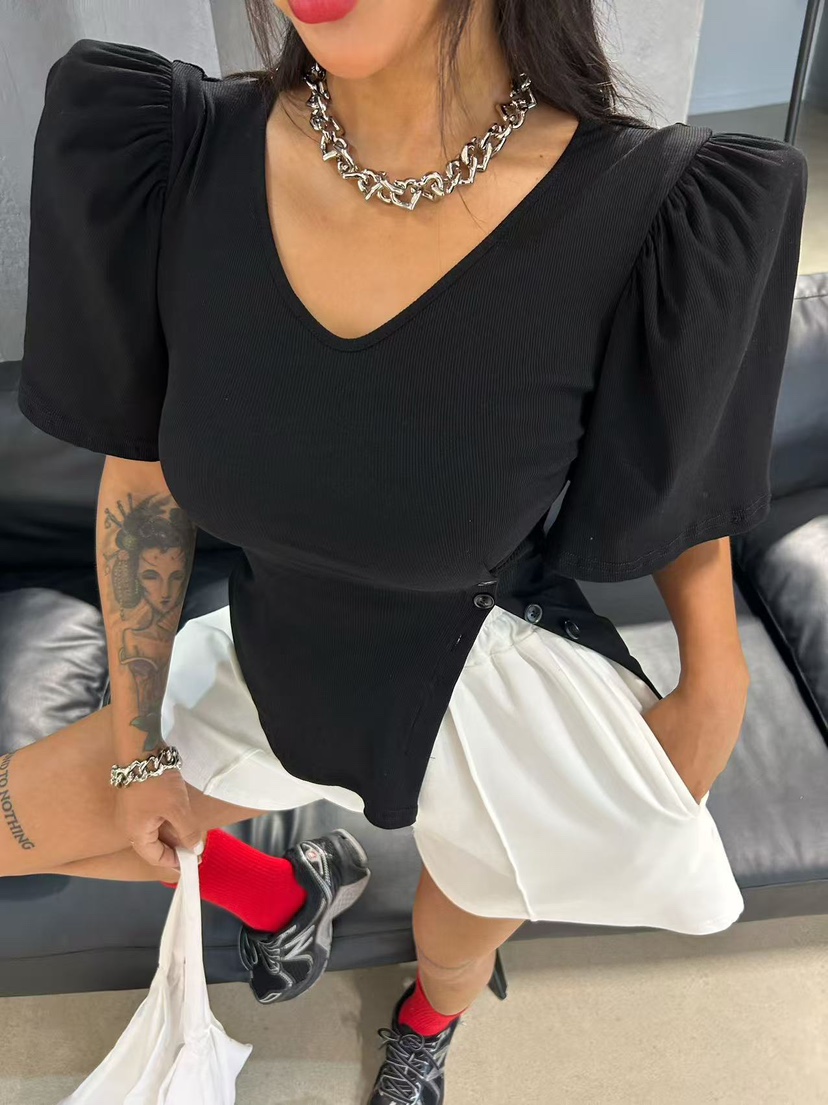 BLACK BABI韓國代購㊣女士新款時尚職業推薦休閑25春夏T恤紐扣BLACK BABIT恤圖色3