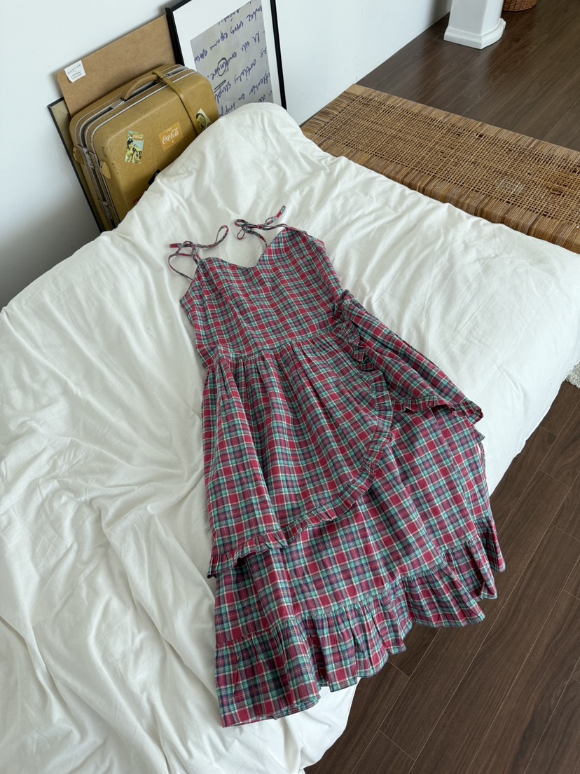 MAISONDEGLORY韓國直郵㊣女士新款休閑真品連衣裙荷葉邊格紋MAISON DE GLORY連衣裙