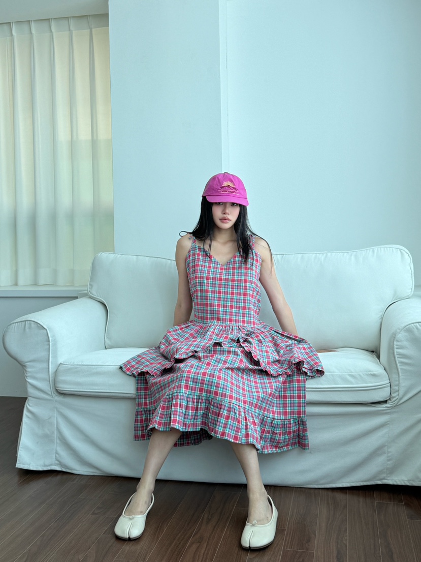 MAISONDEGLORY韓國直郵㊣女士新款休閑真品連衣裙荷葉邊格紋MAISON DE GLORY連衣裙