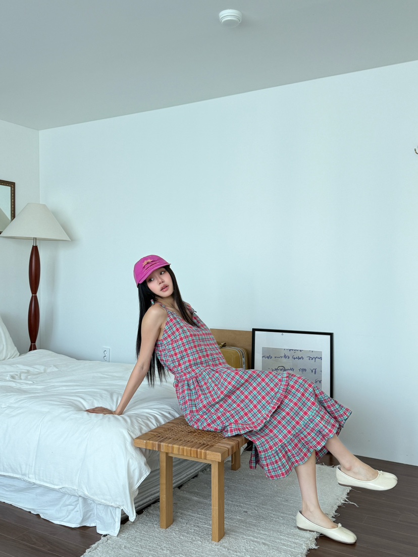 MAISONDEGLORY韓國直郵㊣女士新款休閑真品連衣裙荷葉邊格紋MAISON DE GLORY連衣裙
