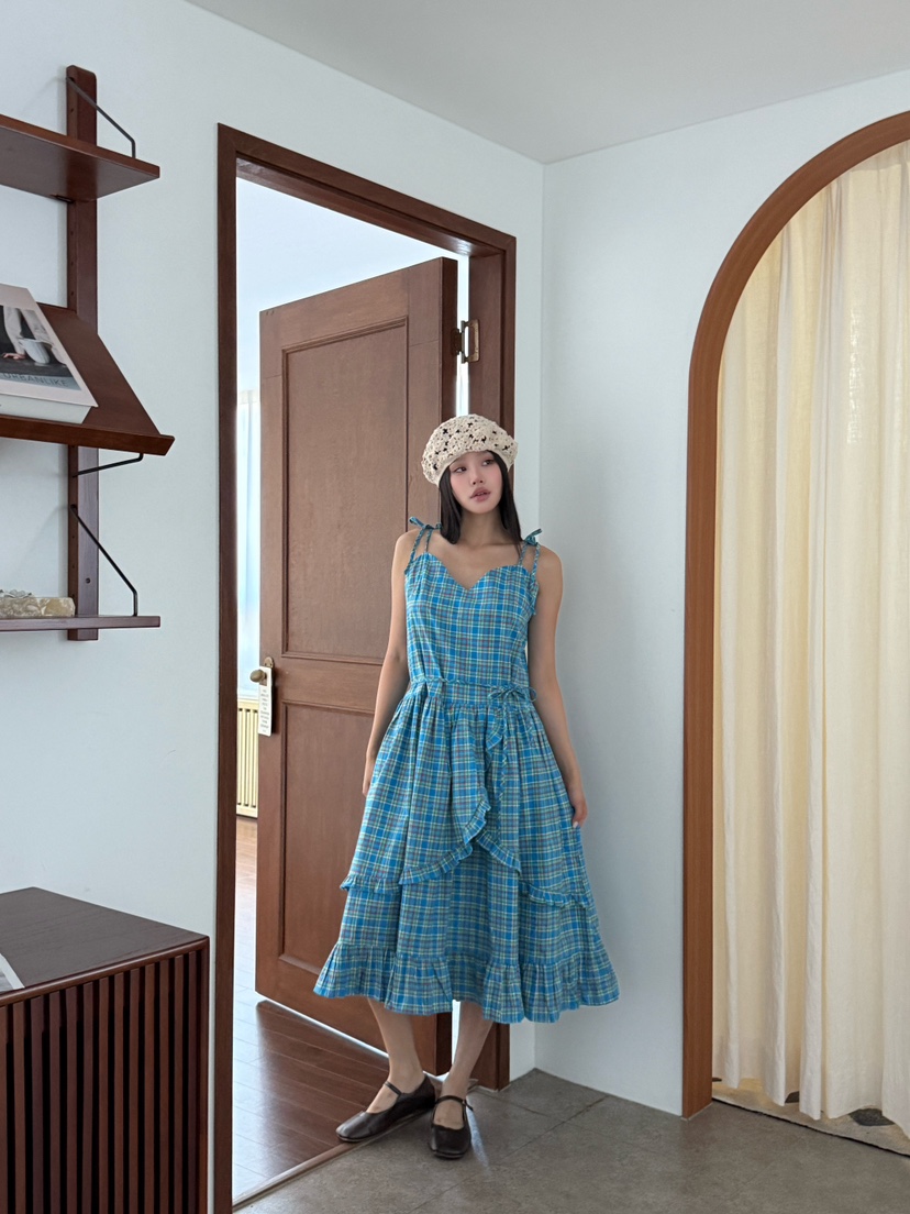 MAISONDEGLORY韓國直郵㊣女士新款休閑真品連衣裙荷葉邊格紋MAISON DE GLORY連衣裙