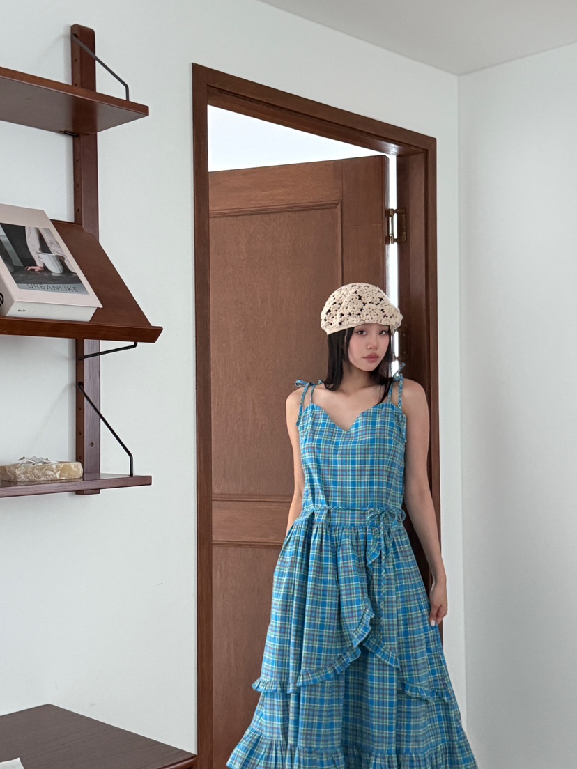 MAISONDEGLORY韓國直郵㊣女士新款休閑真品連衣裙荷葉邊格紋MAISON DE GLORY連衣裙