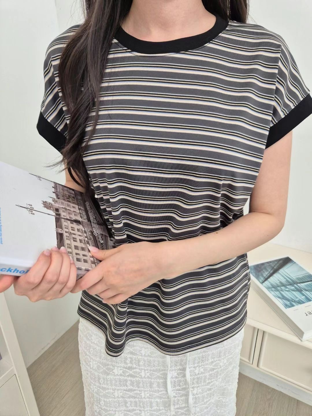 ALLU韓國代購㊣女裝新款時尚熱賣人氣職業推薦休閑25春夏T恤條紋ALLUT恤圖色2