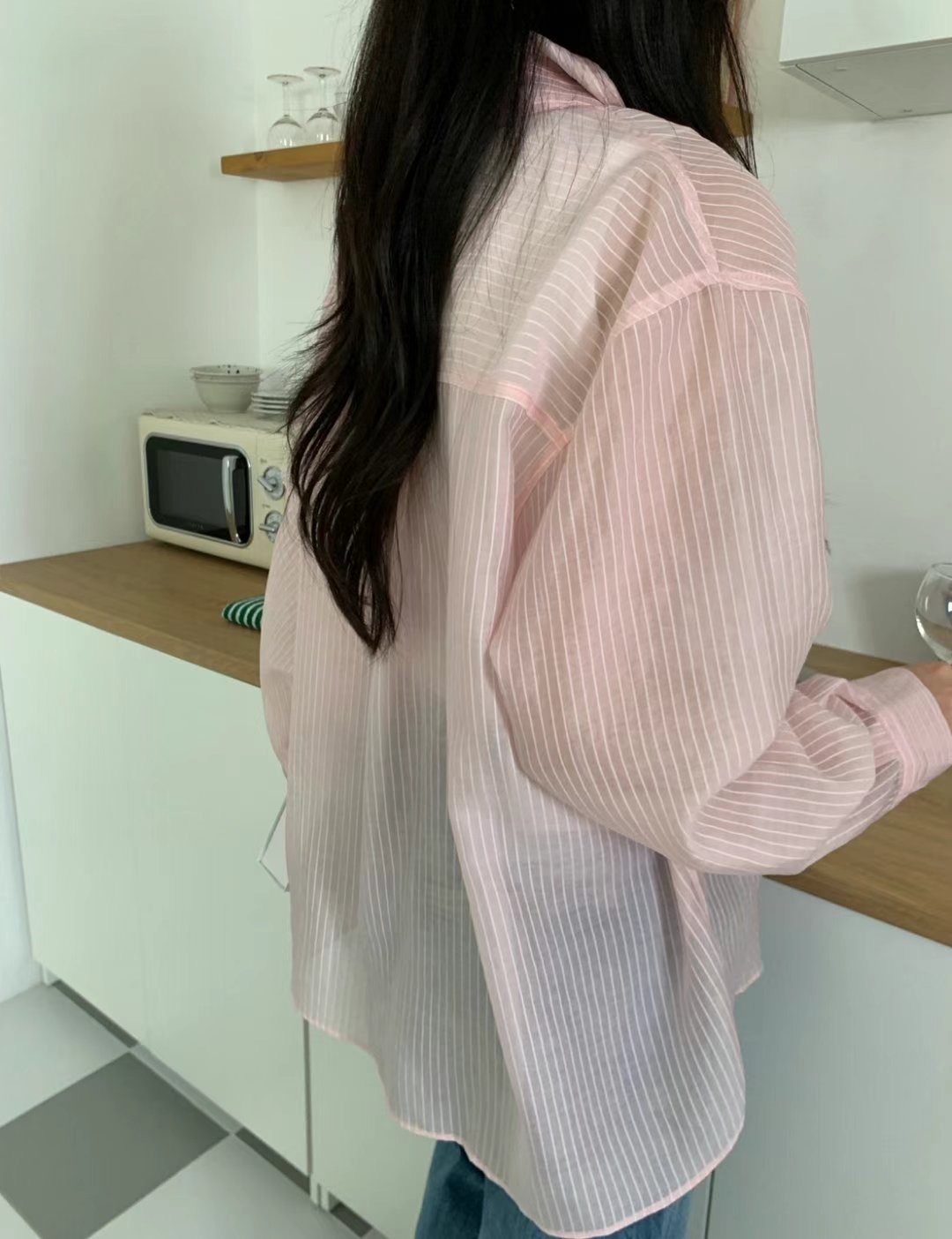 ALLU東大門㊣代購女士新品休閑25春夏時尚襯衫蕾絲衫天絲條紋ALLU襯衫/蕾絲衫