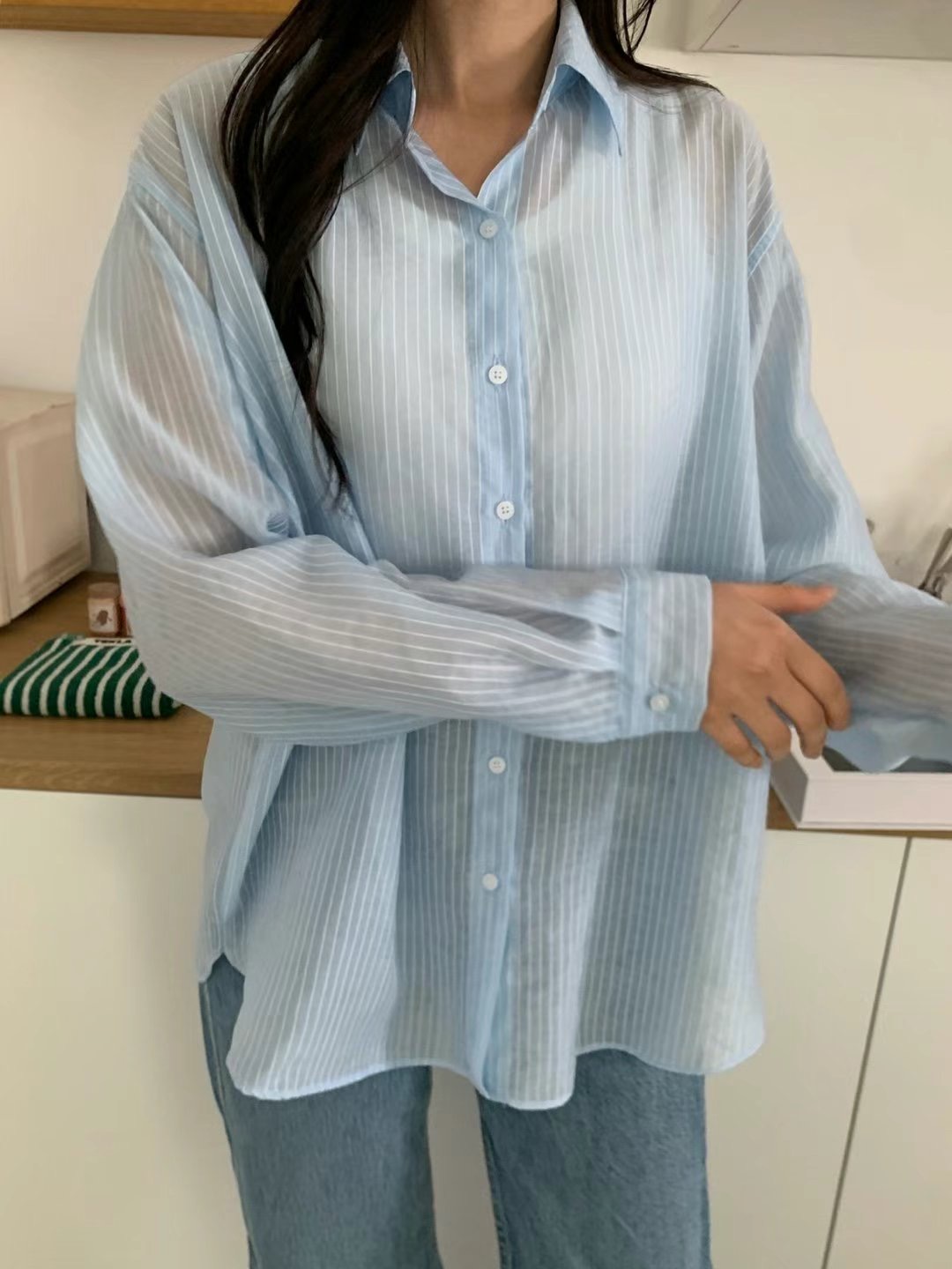 ALLU東大門㊣代購女士新品休閑25春夏時尚襯衫蕾絲衫天絲條紋ALLU襯衫/蕾絲衫圖色2