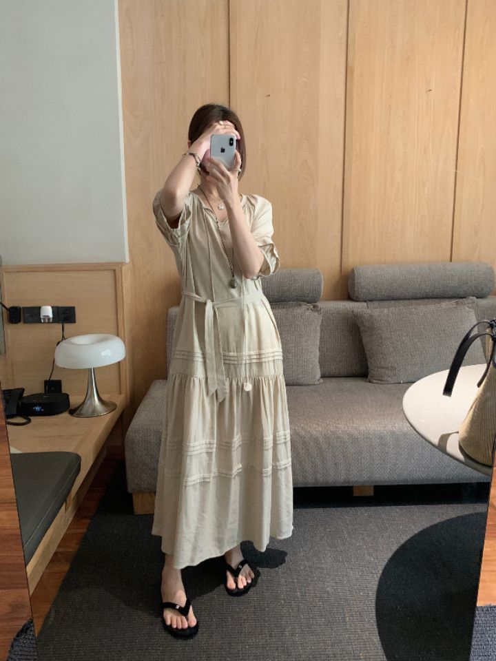 HER東大門㊣實拍女裝新品推薦25春夏時尚休閑人氣連衣裙含腰帶HER連衣裙