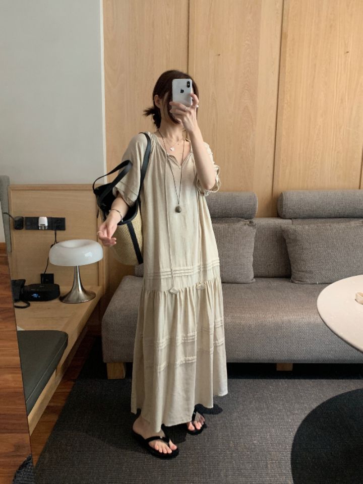 HER東大門㊣實拍女裝新品推薦25春夏時尚休閑人氣連衣裙含腰帶HER連衣裙