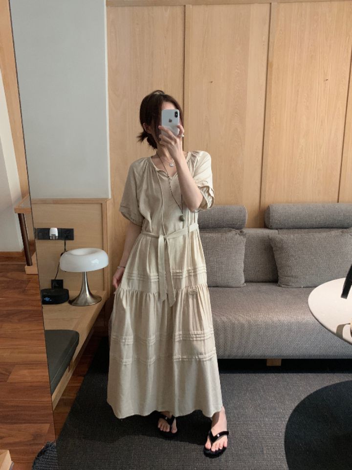 HER東大門㊣實拍女裝新品推薦25春夏時尚休閑人氣連衣裙含腰帶HER連衣裙圖色1