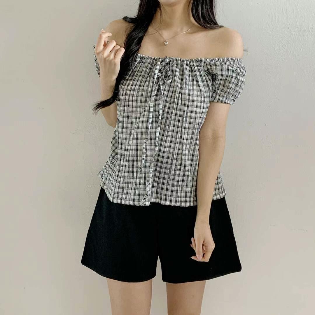 WOO SUNG東大門㊣直郵女士新品推薦時尚襯衫蕾絲衫泡泡袖格紋WOO SUNG襯衫/蕾絲衫圖色2