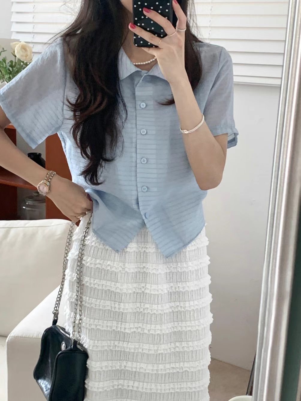 GLOSSY韓國代購㊣女裝新款25春夏熱賣時尚職業休閑襯衫蕾絲衫GLOSSY襯衫/蕾絲衫圖色2