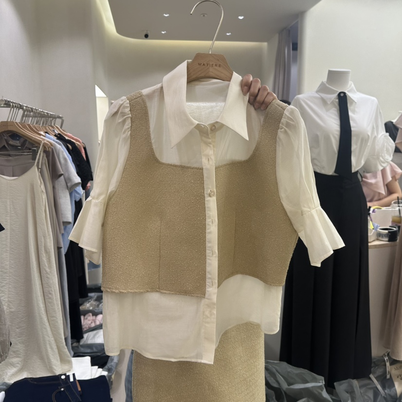 MATIERE東大門㊣實拍女裝新品人氣職業25春夏襯衫蕾絲衫假兩件MATIERE襯衫/蕾絲衫